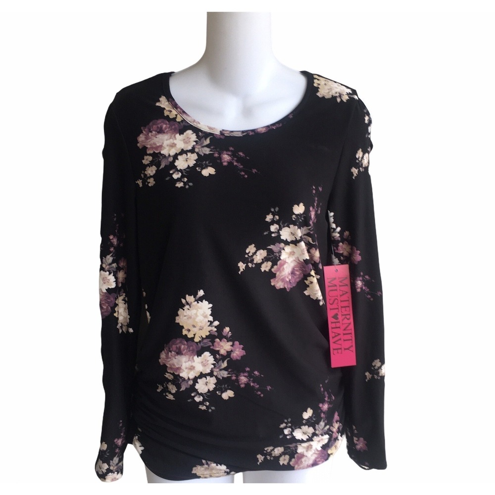 Emma's Expressions Black Floral Maternity Top Lattice Long Sleeve Soft Small NWT